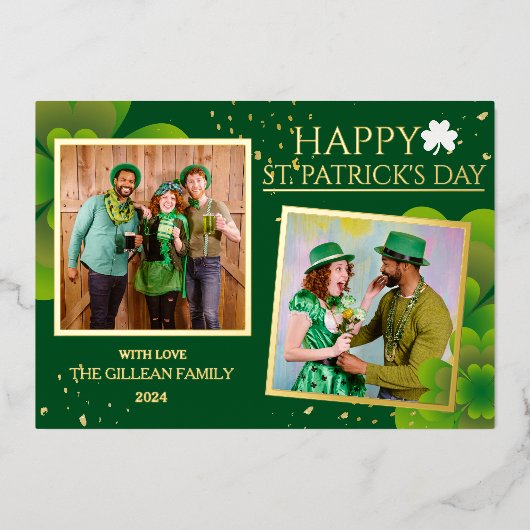 幸せなSt patricks dayシャムロックの家族の写真 箔シーズンカード (正面)