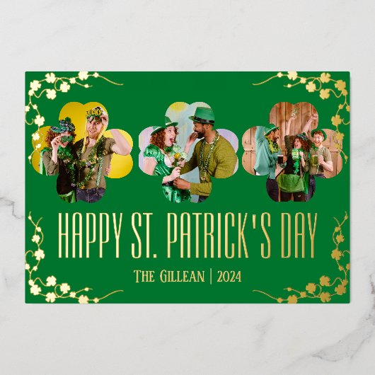 幸せなSt patricks dayシャムロックの家族の写真 箔シーズンカード (正面)