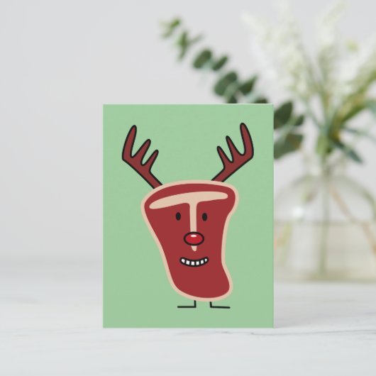 幸せなT骨のステーキのトナカイの赤い鼻のクリスマス シーズンポストカード (スタンド正面)