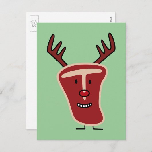 幸せなT骨のステーキのトナカイの赤い鼻のクリスマス シーズンポストカード (正面/裏面)