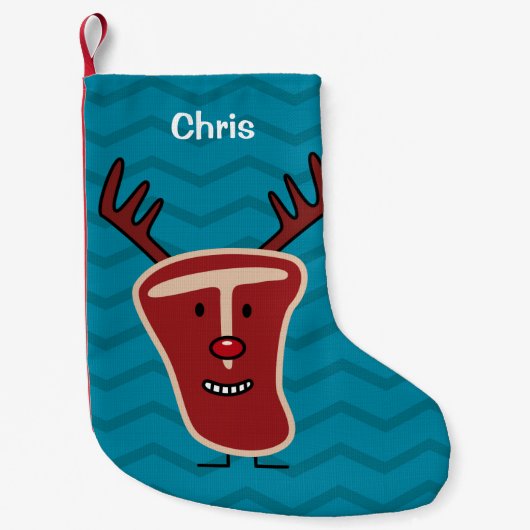 幸せなT骨のステーキのトナカイの赤い鼻のクリスマス スモールクリスマスストッキング (正面)