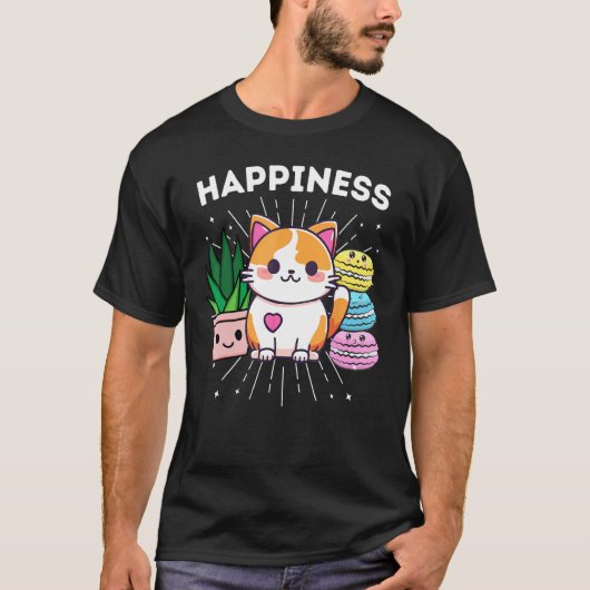 幸せにゃんこ植物マカロン面白い Tシャツ (正面)