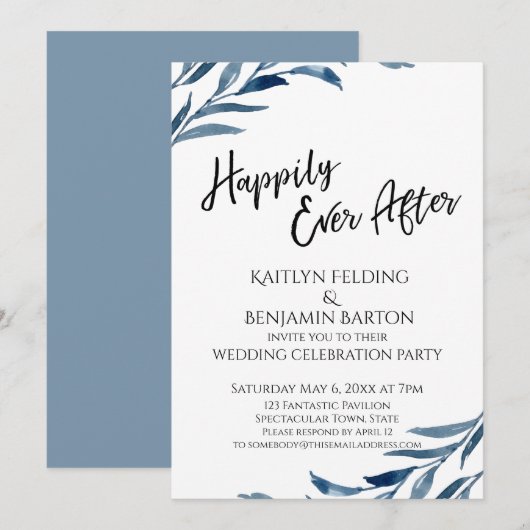 幸せに満ちたブルーリーフのレセプションカードのみ 招待状 (正面/裏面)