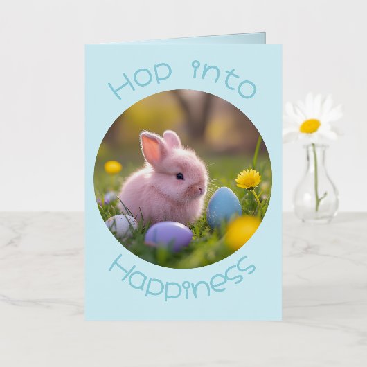 幸せに飛び込む – フワフワのピンクのバニーイースター 箔グリーティングカード (小さな花)