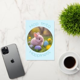 幸せに飛び込む – フワフワのピンクのバニーイースター 箔グリーティングカード