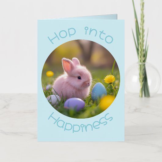 幸せに飛び込む – フワフワのピンクのバニーイースター 箔グリーティングカード (正面)