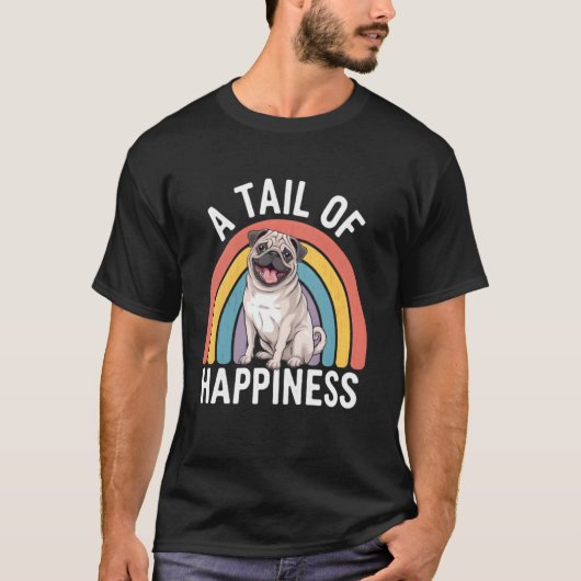 幸せのしっぽ パグ 犬 レトロ レインボー Tシャツ (正面)