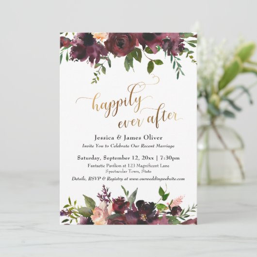 幸せのその後 バーガンディ レッド フローラル ゴールド スクリプト 招待状 (スタンド正面)