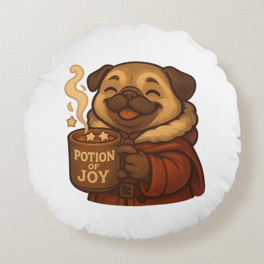 幸せのパグまくら | かわいいクリスマスの犬のぬいぐるみ ラウンドクッション (正面)