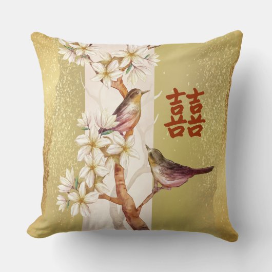 幸せの双喜の鳥と花 クッション (正面)