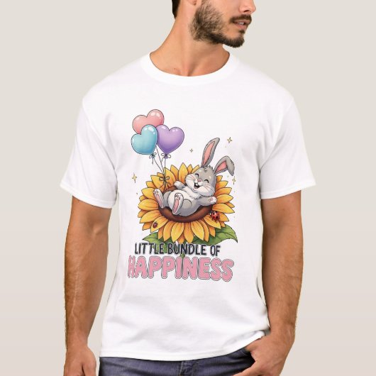 幸せの小さな束 ひまわりの上のかわいいウサギ Tシャツ (正面)