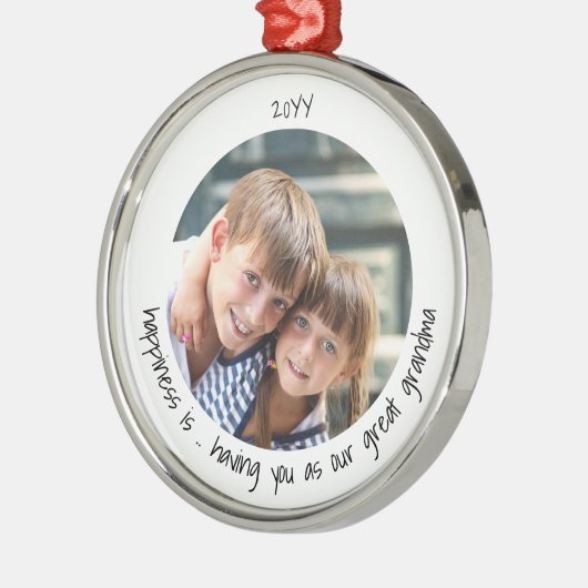 幸せはおばあちゃん素晴らしにかわいい写真を メタルオーナメント (左)