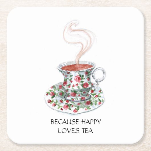 幸せはお茶のスローガンが好きなので、ヴィンテージカップバラ スクエアペーパーコースター (正面)