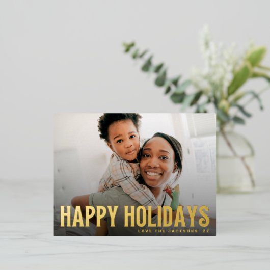 幸せはっきりしたな休日文字写真メリークリスマス 箔シーズンポストカード (立ち正面)