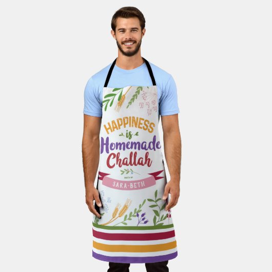 幸せは手作りのチャラ フラワル&ストライプス エプロン (着用した状態)