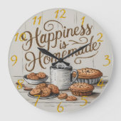 幸せは自家製の居心地の良い、魅力的なキッチン ラージ壁時計 (正面)