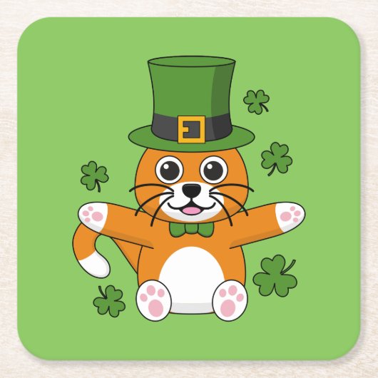 幸せを呼ぶ?シャムロックと戯れる可愛い猫のキャラクター スクエアペーパーコースター (正面)