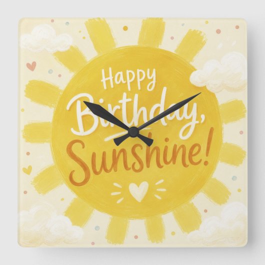 幸せを運ぶ黄色い太陽の誕生日おめでとう スクエア壁時計 (正面)
