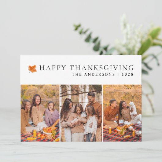 幸せエレガントモダンな感謝祭の秋3枚の写真 シーズンカード (スタンド正面)
