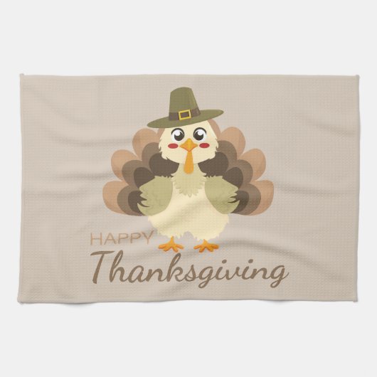 幸せカラフルな感謝祭かわいい七面鳥 キッチンタオル (横)