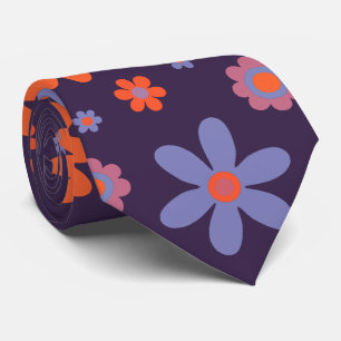 幸せレトロ花可愛い70sヒッピーデイジー柄 ネクタイ