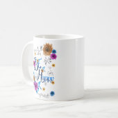 幸せ前向き引用文ブルーパープル金ゴールド花 コーヒーマグカップ (正面左)