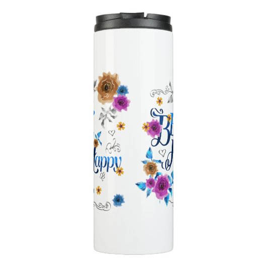 幸せ前向き引用文ブルーパープル金ゴールド花 タンブラー (裏面)