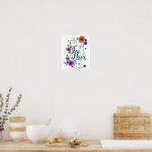 幸せ前向き引用文ブルーパープル金ゴールド花 ポスター (キッチン)