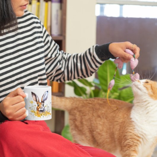 幸せ春水色うさぎ黄色の花マグカップ コーヒーマグカップ