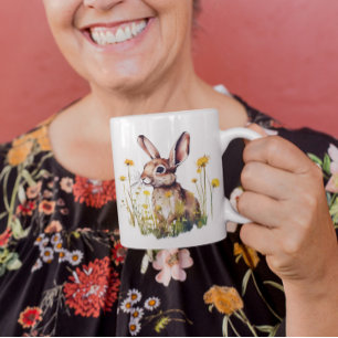 幸せ春水色うさぎ黄色の花マグカップ コーヒーマグカップ
