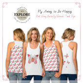 幸せ遠くになピンクの光沢のある蝶タンクのトップに飛ぶ タンクトップ