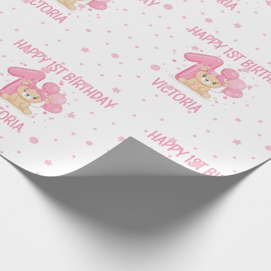 幸せ1歳の誕生日かわいい小さなピンクベアーガール ラッピングペーパー (角)