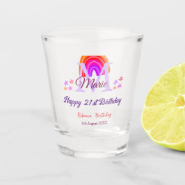 幸せ21th誕生日ピンク追加の名前モノグラムレインボー ショットグラス