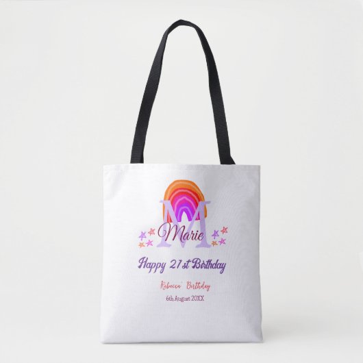 幸せ21th誕生日ピンク追加の名前モノグラムレインボー トートバッグ (正面)