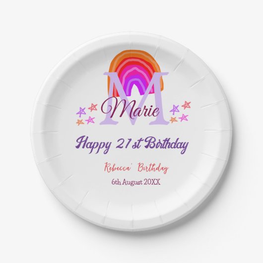 幸せ21th誕生日ピンク追加の名前モノグラムレインボー ペーパープレート (正面)