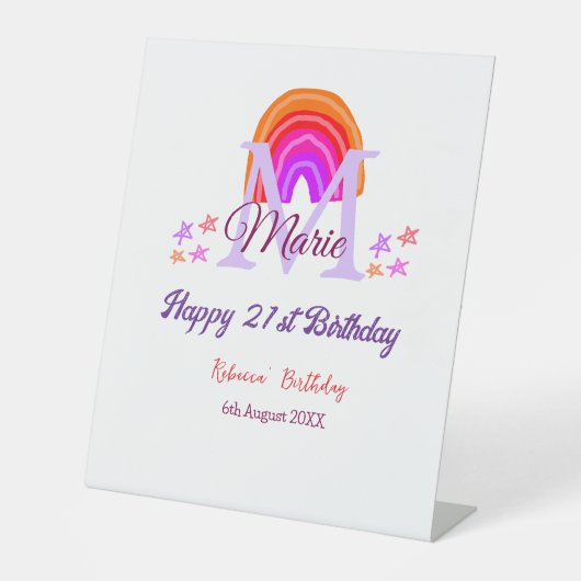 幸せ21th誕生日ピンク追加の名前モノグラムレインボー 台座サイン (正面)