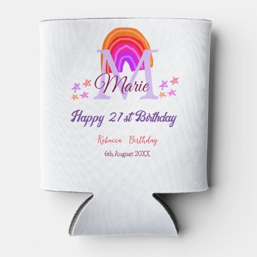 幸せ21th誕生日ピンク追加の名前モノグラムレインボー 缶クーラー (正面)