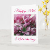 幸せ25誕生日ピンクと緑の花 カード (黄色い花)