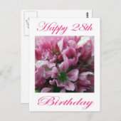 幸せ28誕生日ピンクと緑の花 ポストカード (正面/裏面)