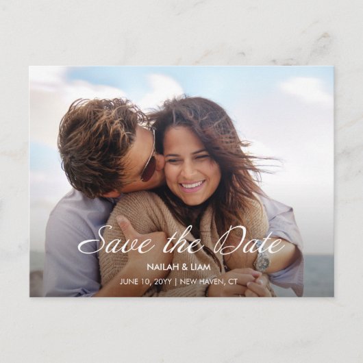 幸よくはしゃぐせな写真結婚式の日付を保存 ポストカード (正面)