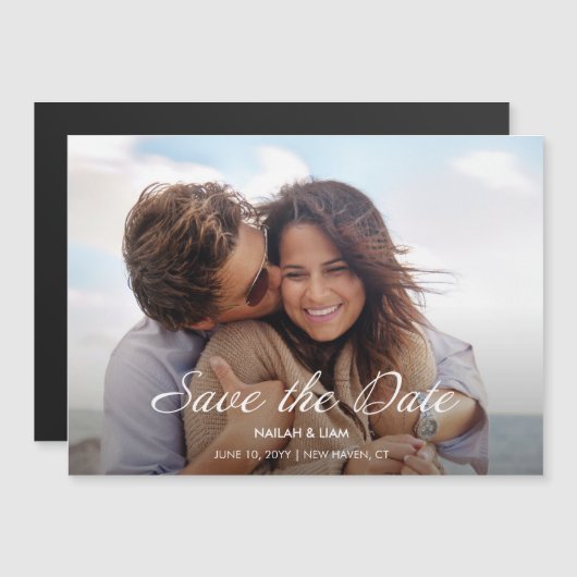 幸よくはしゃぐせな写真結婚式の日付を保存 マグネット招待状 (正面/裏面)