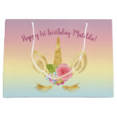 幸エレガントせな最初の誕生日金ゴールドグリッターユニコーン ラージペーパーバッグ (正面)