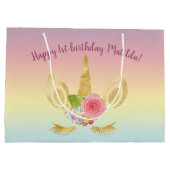 幸エレガントせな最初の誕生日金ゴールドグリッターユニコーン ラージペーパーバッグ (裏面)