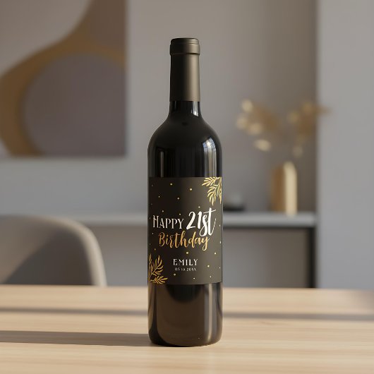 幸エレガントせな21歳の誕生日金ゴールドの葉のパーティー ワインラベル