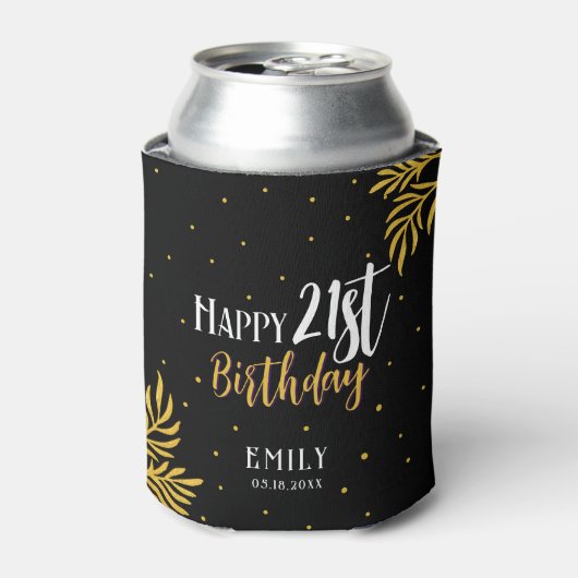 幸エレガントせな21歳の誕生日金ゴールドの葉のパーティー 缶クーラー (缶正面)