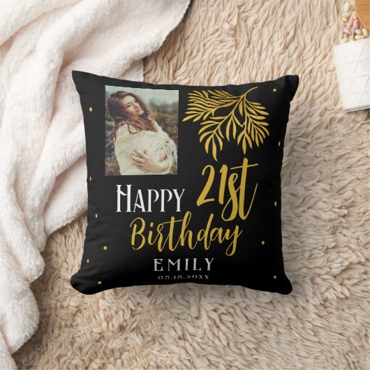 幸エレガントせな21歳の誕生日金ゴールドの葉写真 クッション (ブランケット)