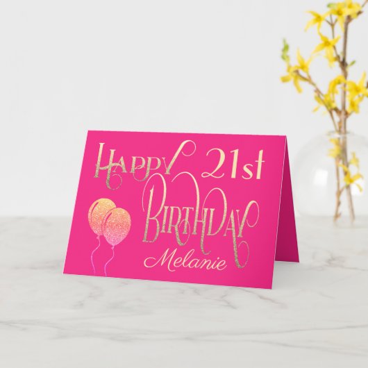 幸ガーリーせな21歳の誕生日の名前ピンク華美金ゴールド カード (黄色い花)