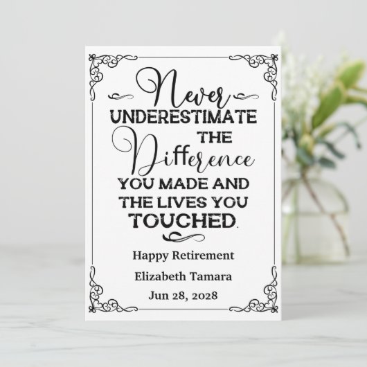 幸パーソナライズされたせな退職引用文 招待状 (スタンド正面)