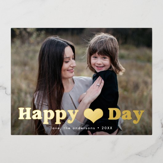 幸モダンせなハートの日フォトバレンタインデー金ゴールド 箔シーズンポストカード (正面)