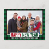 幸モダンせな新年の写真グリーンプレイド ポストカード (正面)